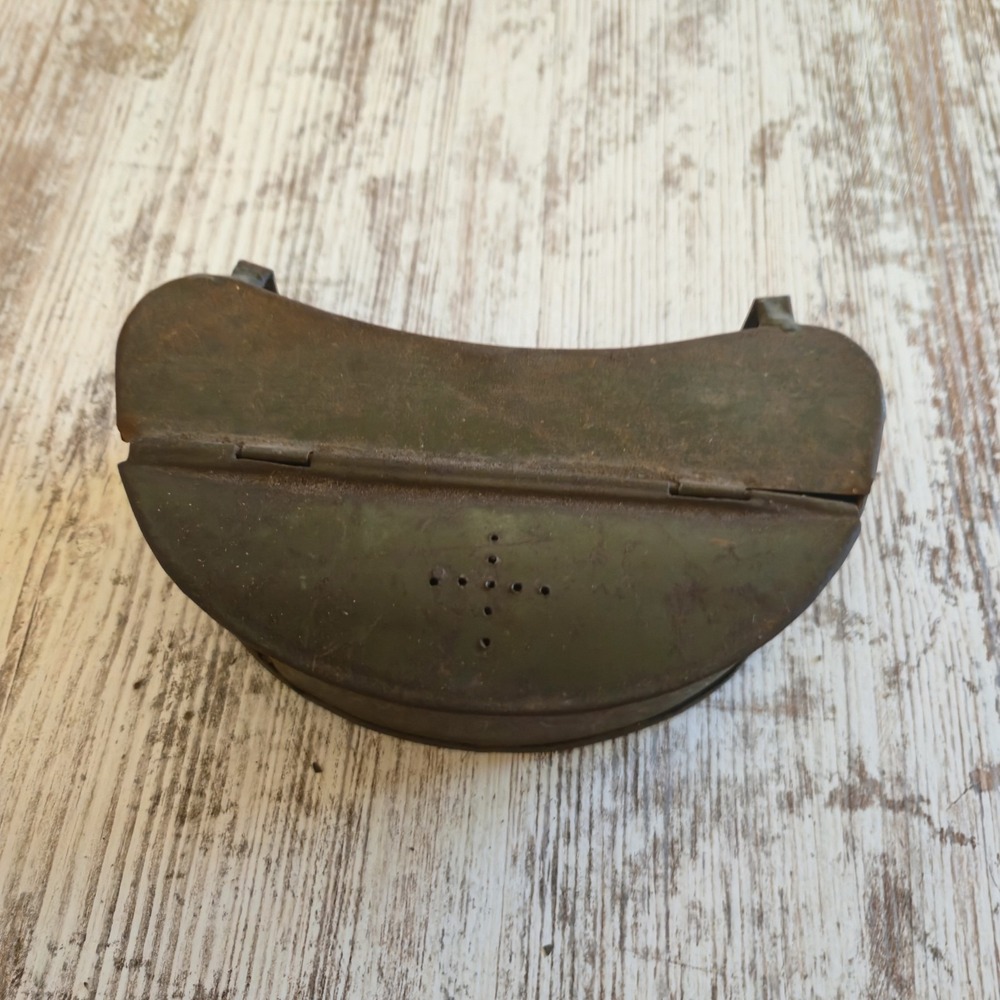 Antique Metal Belt Bait Box Vintage Cricket Worm Tin Primitive Fishing Gear 6in